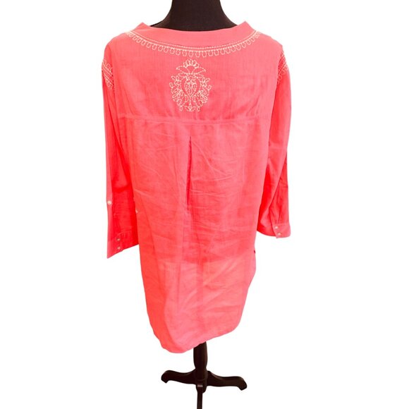 Intro Coral Embroidered Tunic Top Casual Elegance L 100% Cotton Resort Travel - Picture 2 of 11